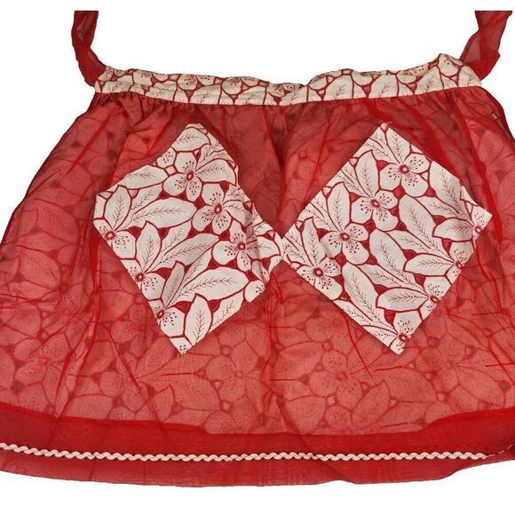 Vintage 40s 50s Half Apron Red White Chiffon Pinup Trad Wife Housewife - Picture 2 of 5